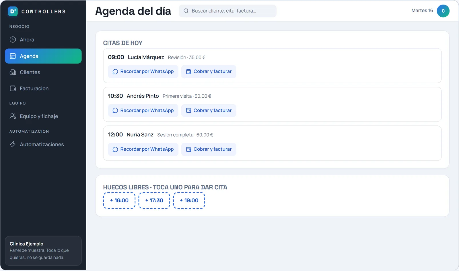 Agenda del día en el panel: citas con hora, cliente y servicio, y botones para recordar y cobrar