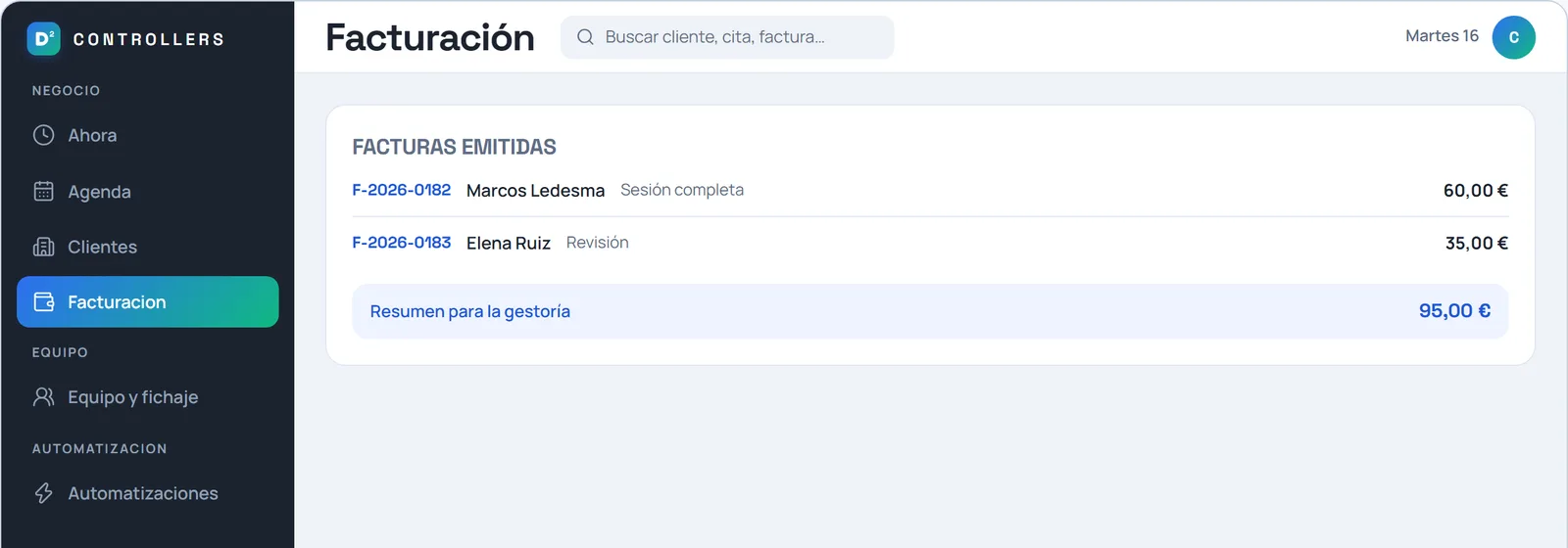 Facturación en el panel: lista de facturas emitidas con número, cliente y total